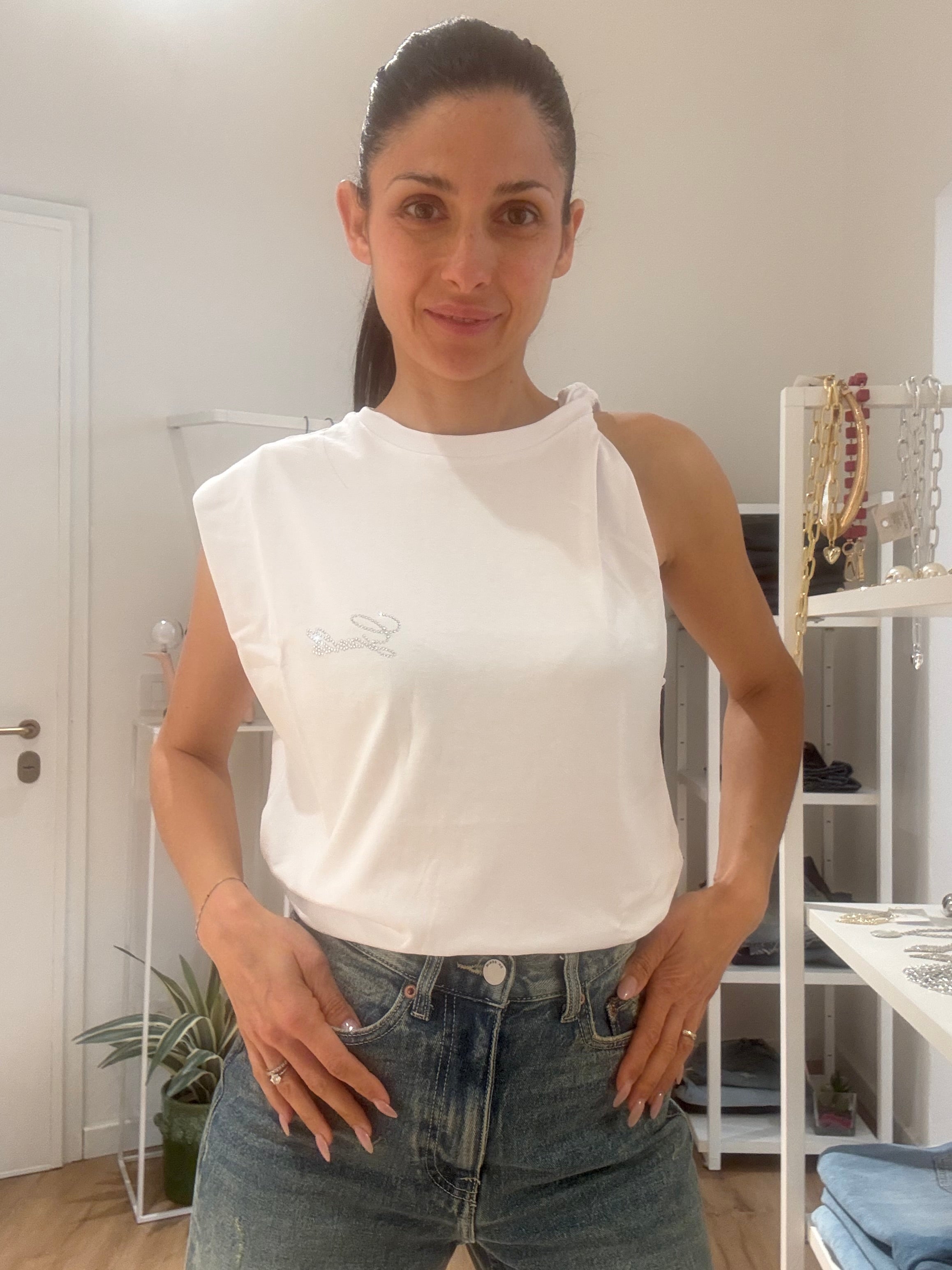 T shirt Smanicata con Logo in brillanti