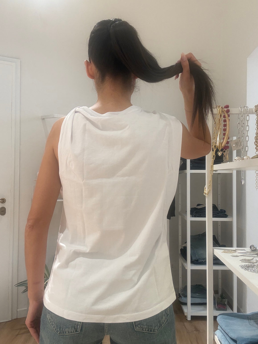 T shirt Smanicata con Logo in brillanti
