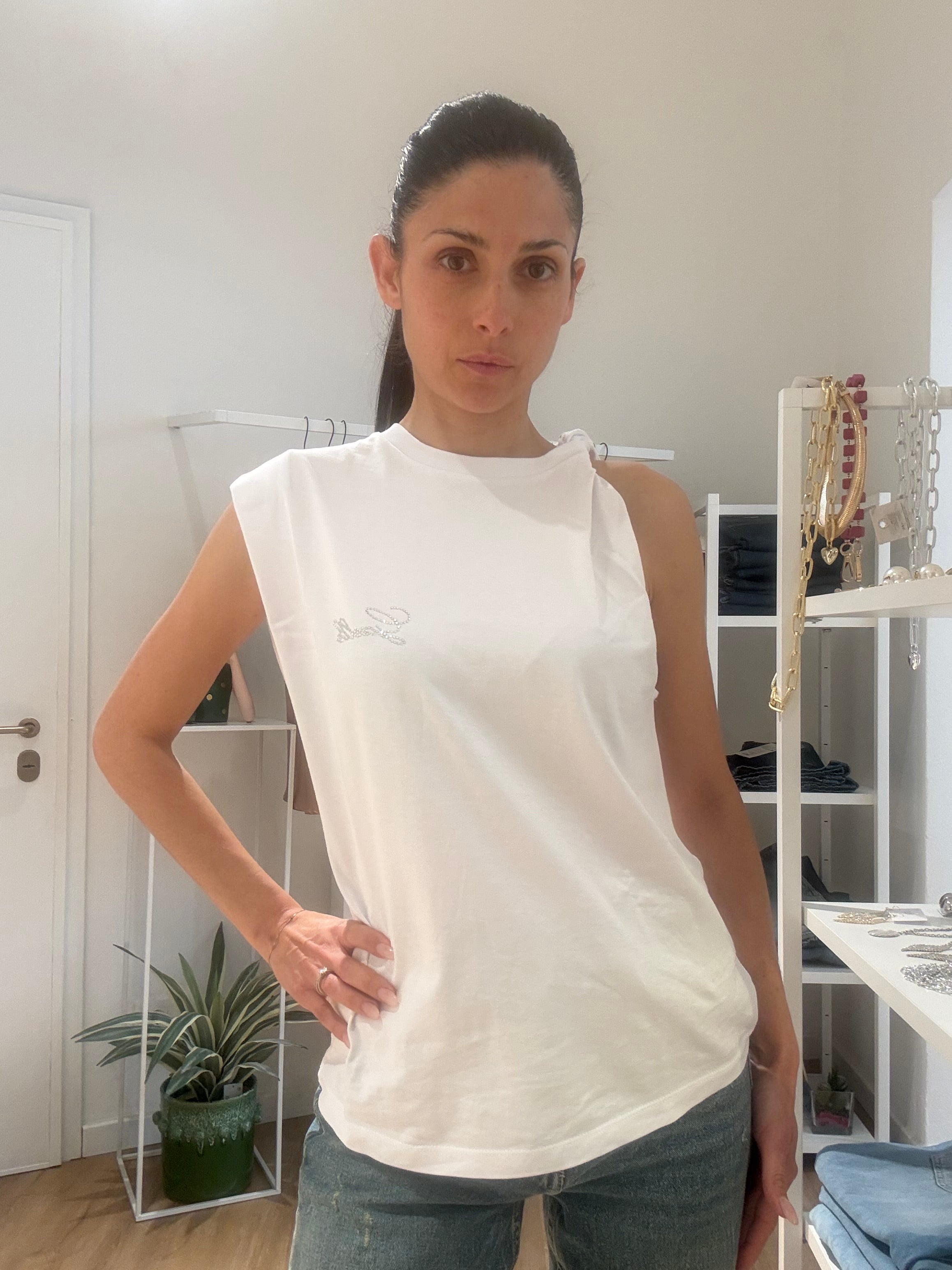T shirt Smanicata con Logo in brillanti